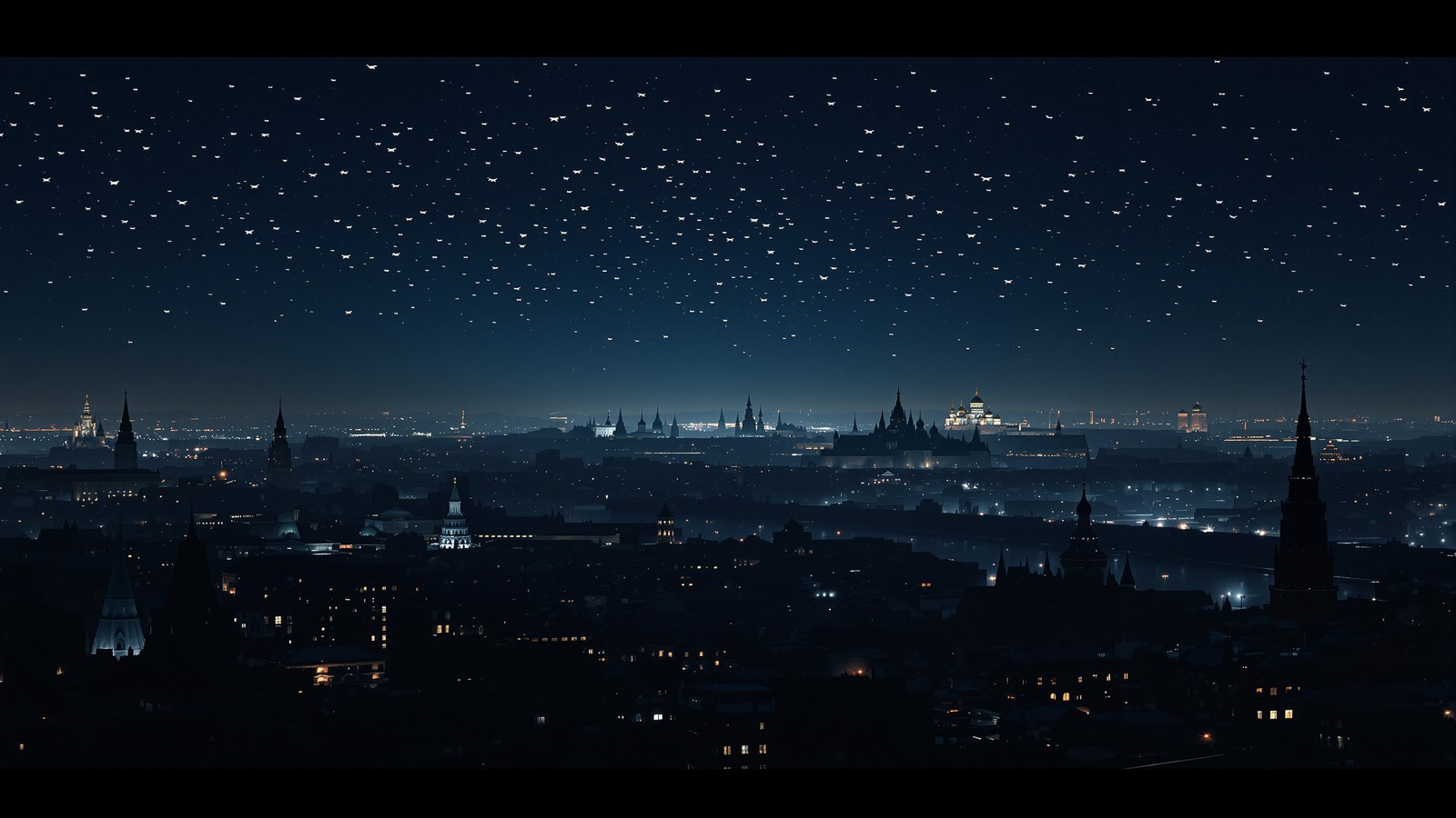 Drone swarm at night over a capital skyline